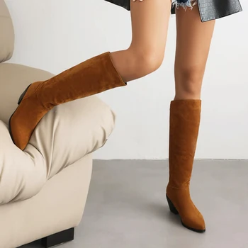 BONJOMARISA / дамски ботуши до коляното в стил уестърн на квадратен ток, однотонная лаконичная дамски обувки-каубойски ризи, класически дамски каубойски обувки в стил ретро