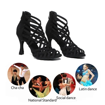 SWDZM Дамски обувки за латино танци, женски обувки за танци Румба и Самба, Черни велурени мрежести обувки за танци Салса, Кубински обувки на висок ток 5-10 см