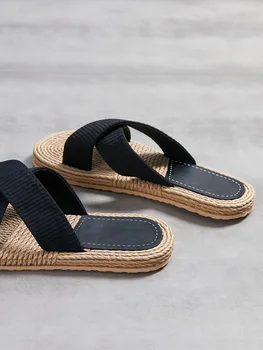 Дамски домашни чехли ръчно изработени от конопляной слама Дамски Ежедневни сандали улични чехли с кръстосани закопчалка Дамски летни плажни дрехи, на равна подметка