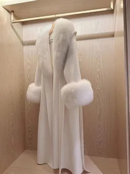 Дамски Елегантни вълнени палто с яка от изкуствена кожа, зимни топли смес с дълъг ръкав и колан, дамски Обикновена Темпераментни Корейски палто