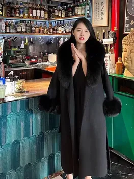 Дамски Елегантни вълнени палто с яка от изкуствена кожа, зимни топли смес с дълъг ръкав и колан, дамски Обикновена Темпераментни Корейски палто