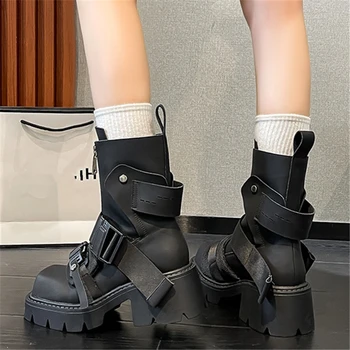 Дамски обувки от естествена кожа с квадратни пръсти, и катарамата на колана си, дебела подметка, масивен ток, черна градинска дамски обувки с цип в стил пънк