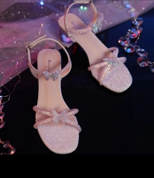 Дамски сандали от блестяща тъкан, квадратен чорап, кристална лък, прозрачни дамски обувки на ток, обувки с каишка и катарама, Елегантни дамски сандали