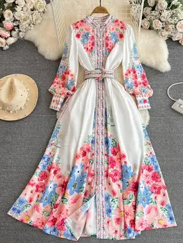 Модно премяна Макси с прекрасна цвете 2024, женствена рокля-часова рецепция с дълъг ръкав-фенерче, спално Бельо, колани с флорални принтом, Бохо-халат, Vestido