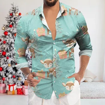 мъжка риза на Коледа 2023 навидад подарък Мъжки ризи с отложным яка и копчета с дълъг ръкав Модни и ежедневни риза с коледните принтом