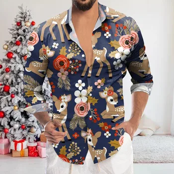 мъжка риза на Коледа 2023 навидад подарък Мъжки ризи с отложным яка и копчета с дълъг ръкав Модни и ежедневни риза с коледните принтом