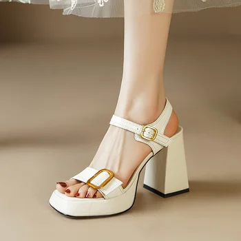НОВА лятна дамски обувки, дамски сандали от естествена кожа с квадратни пръсти на висок ток, с отворени пръсти на масивна ток, Бели дамски сандали