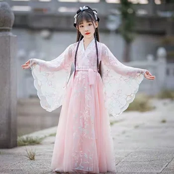 Розови дантелени ръкави Летни Детски Hanfu Винтажное Детско парти за момичета Китайски Традиционен Народен танц костюм Древен облекло Cosplay