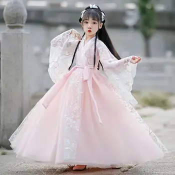 Розови дантелени ръкави Летни Детски Hanfu Винтажное Детско парти за момичета Китайски Традиционен Народен танц костюм Древен облекло Cosplay