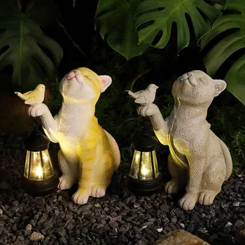 Статуята на котката в градината, Смола, Сладък Градински орнамент, Слънчева светлина, led Слънчева светлина, Слънчева тераса и Малка Котешка лампа, Интериор на градина и двор