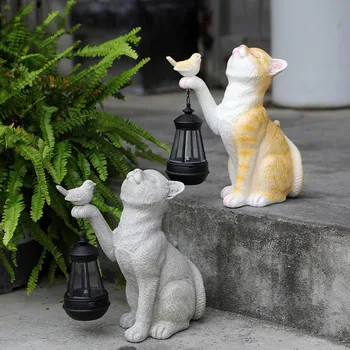 Статуята на котката в градината, Смола, Сладък Градински орнамент, Слънчева светлина, led Слънчева светлина, Слънчева тераса и Малка Котешка лампа, Интериор на градина и двор