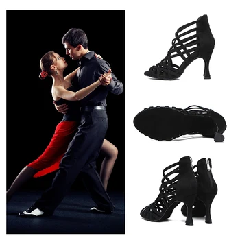 SWDZM Дамски обувки за латино танци, женски обувки за танци Румба и Самба, Черни велурени мрежести обувки за танци Салса, Кубински обувки на висок ток 5-10 см