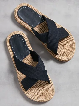 Дамски домашни чехли ръчно изработени от конопляной слама Дамски Ежедневни сандали улични чехли с кръстосани закопчалка Дамски летни плажни дрехи, на равна подметка